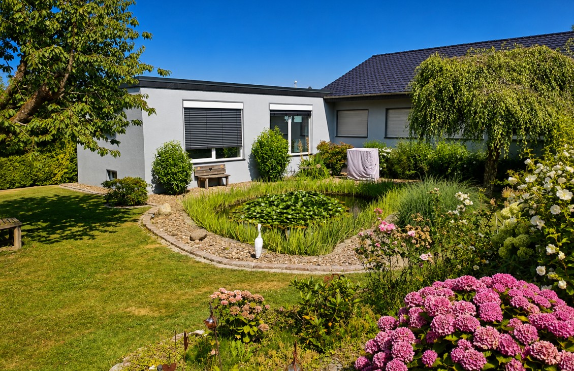 Garten mit Teich und Hortensien vor dem Wohnhaus