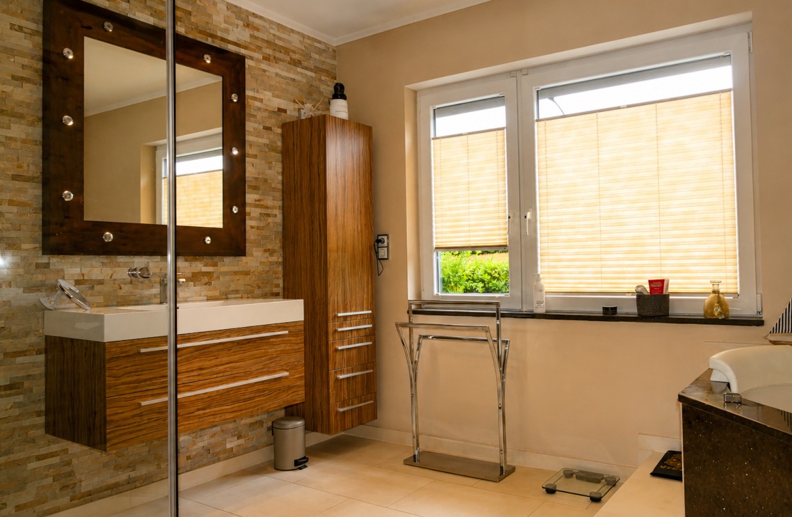 Badezimmer mit Natursteinwand und Waschtisch